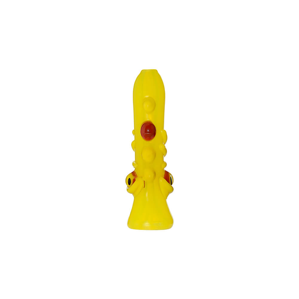 CaliBear Dual Face handcrafted glass pipe with vibrant purple and yellow colors, showing detailed artistic facial expressions on a white background.