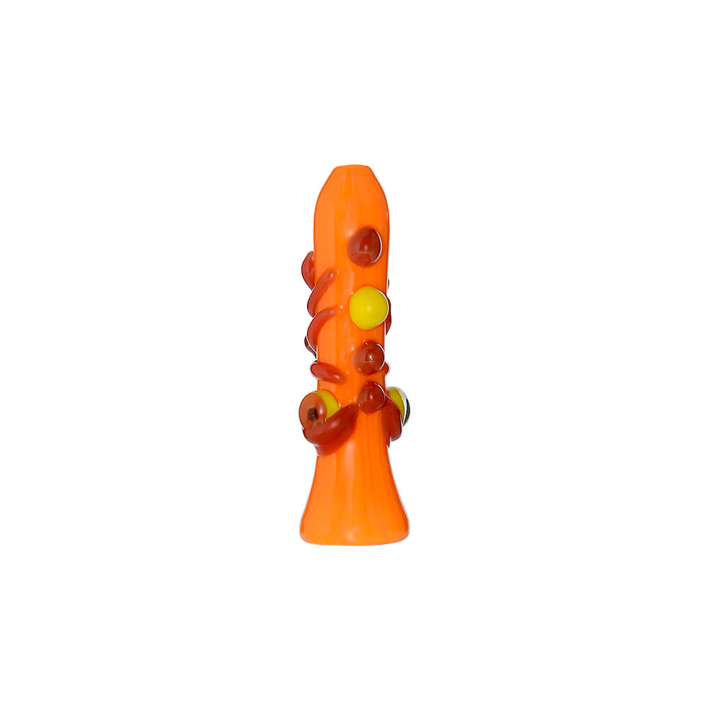 CaliBear Dual Face handcrafted glass pipe with vibrant purple and yellow colors, showing detailed artistic facial expressions on a white background.