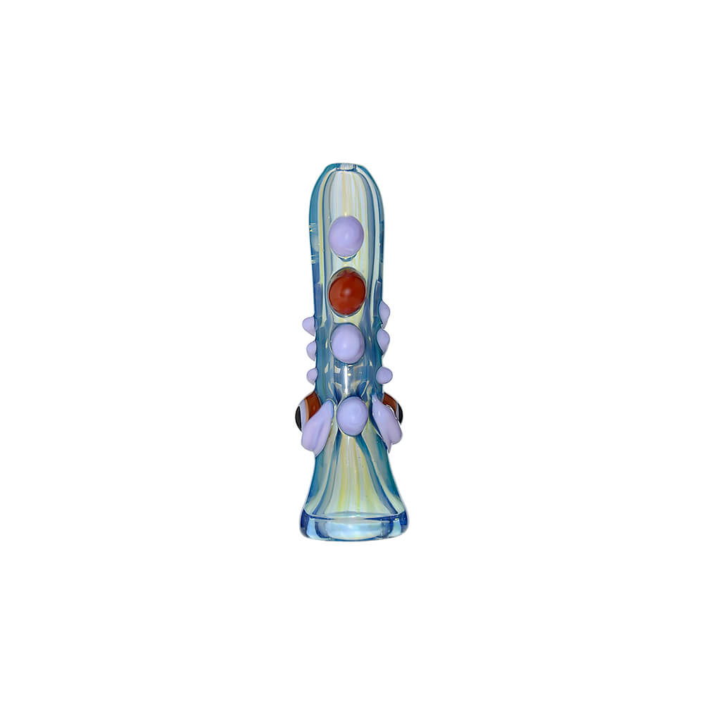 CaliBear Dual Face handcrafted glass pipe with vibrant purple and yellow colors, showing detailed artistic facial expressions on a white background.
