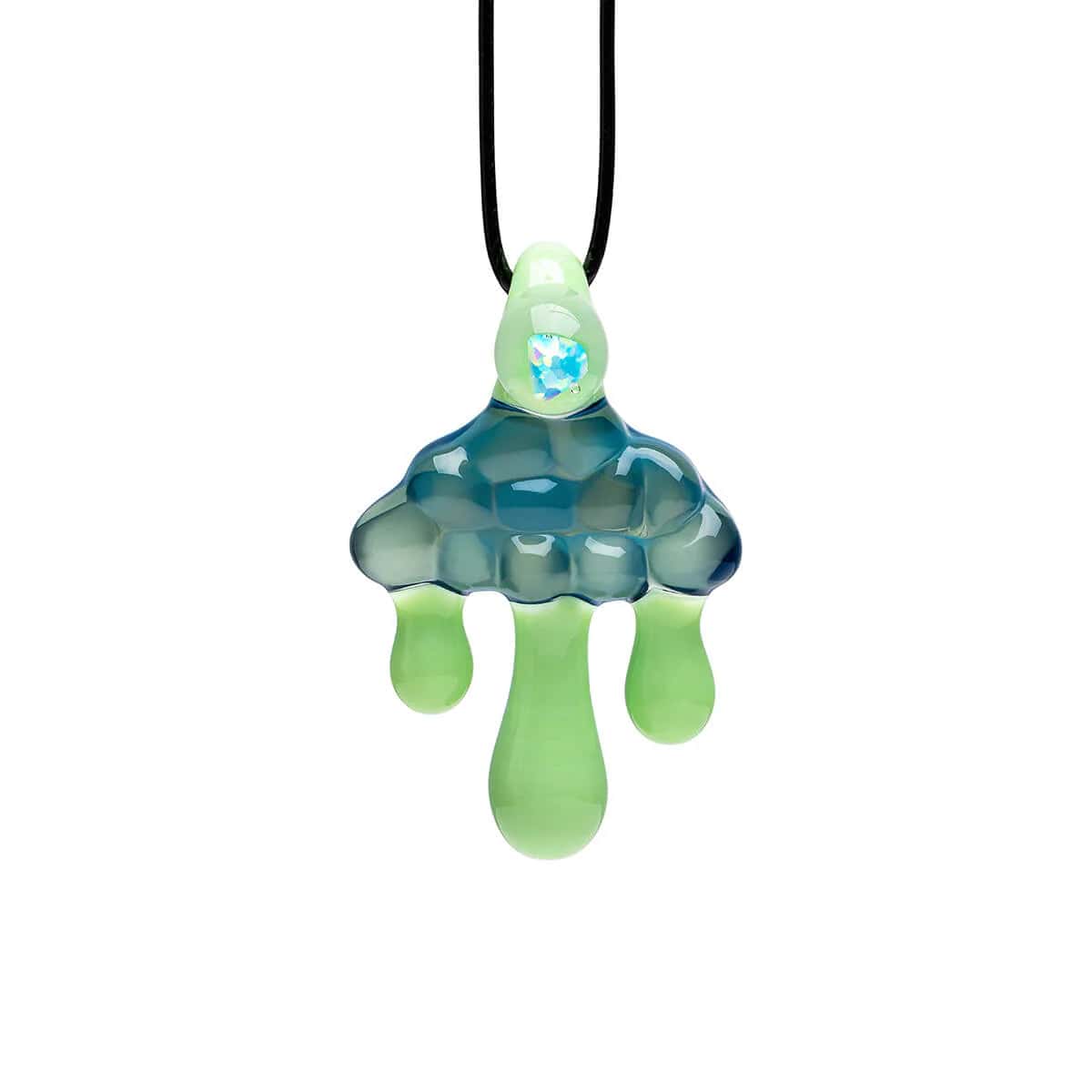 Handcrafted cloud-inspired glass pendant necklaces with dripping glass droplets and an embedded opal gemstone at the top loop, showcasing different translucent color options.