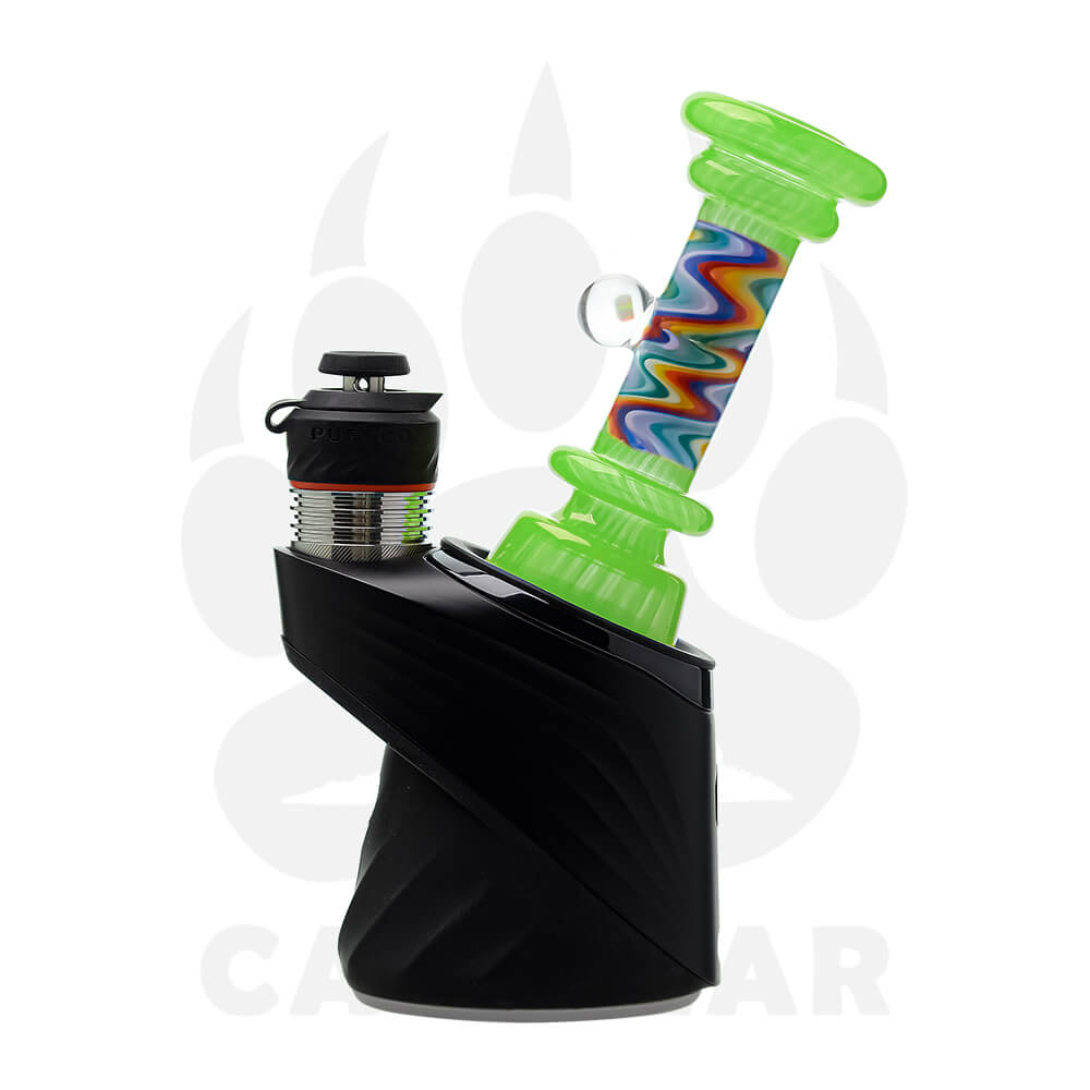 A collection of CaliBear glass attachments for Puffco Peak OG and Pro featuring vibrant wigwag swirl patterns in multiple colors and encased opal accents.
