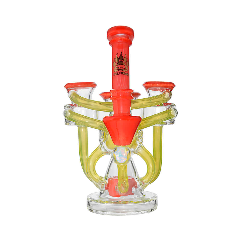 Calibear artistic recycler dab rig with encased opal and colorful multi-chamber borosilicate glass recycler design.