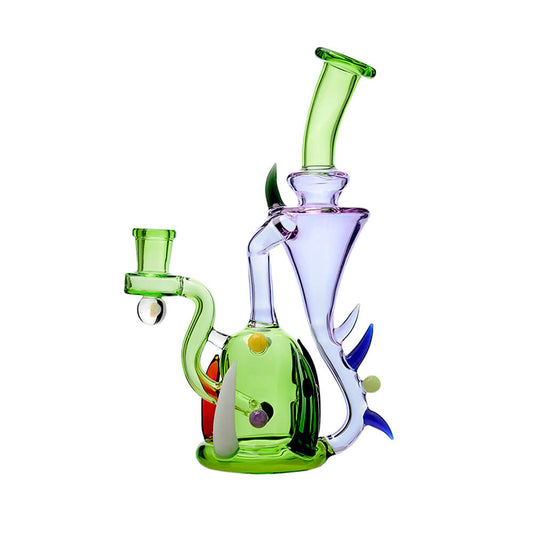 CaliBear monster alien incycler dab rig featuring a green bio-organic body, purple tentacle-style recycler drains, and a premium encased opal.