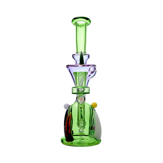 CaliBear monster alien incycler dab rig featuring a green bio-organic body, purple tentacle-style recycler drains, and a premium encased opal.