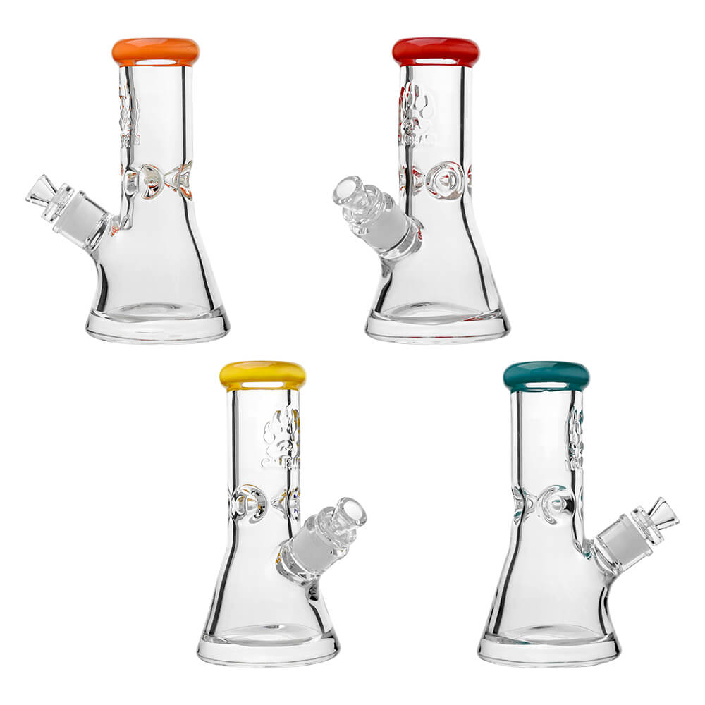 CaliBear 8 inch 9mm thick beaker water pipe with etched logo and color accented mouthpiece.
