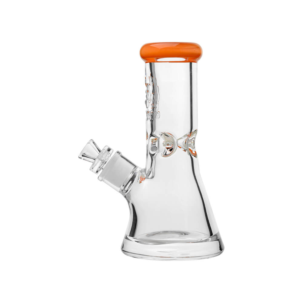 CaliBear 8 inch 9mm thick beaker water pipe with etched logo and color accented mouthpiece.