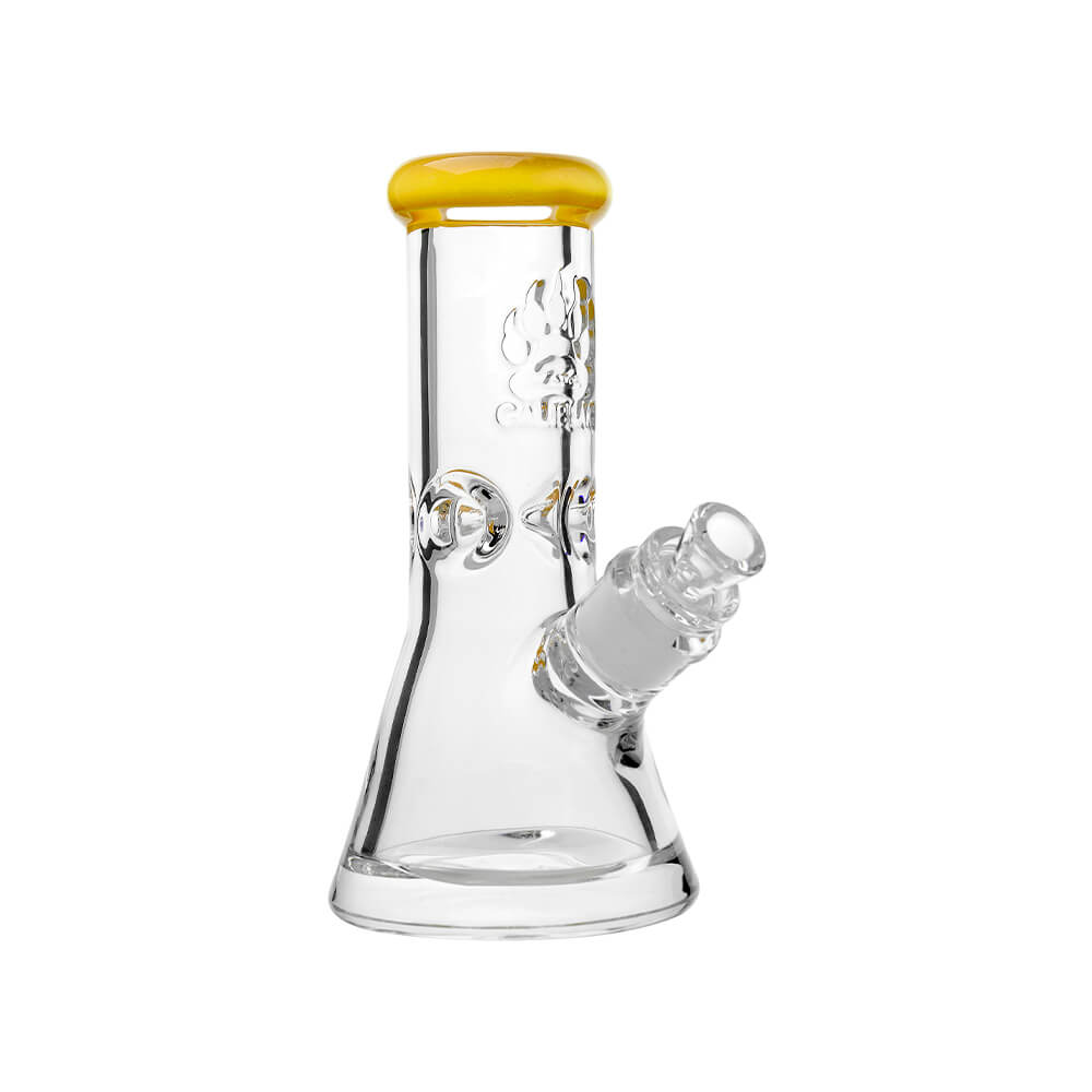 CaliBear 8 inch 9mm thick beaker water pipe with etched logo and color accented mouthpiece.