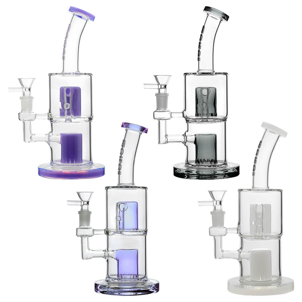 CaliBear Glass Popular Dab Rig featuring a stacked double-layer matrix tree percolator system with an ergonomic bent neck and a 14mm joint, showcased in purple, black, clear-purple, and white accents.