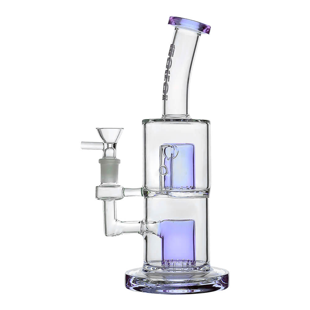 CaliBear Glass Popular Dab Rig featuring a stacked double-layer matrix tree percolator system with an ergonomic bent neck and a 14mm joint, showcased in purple, black, clear-purple, and white accents.