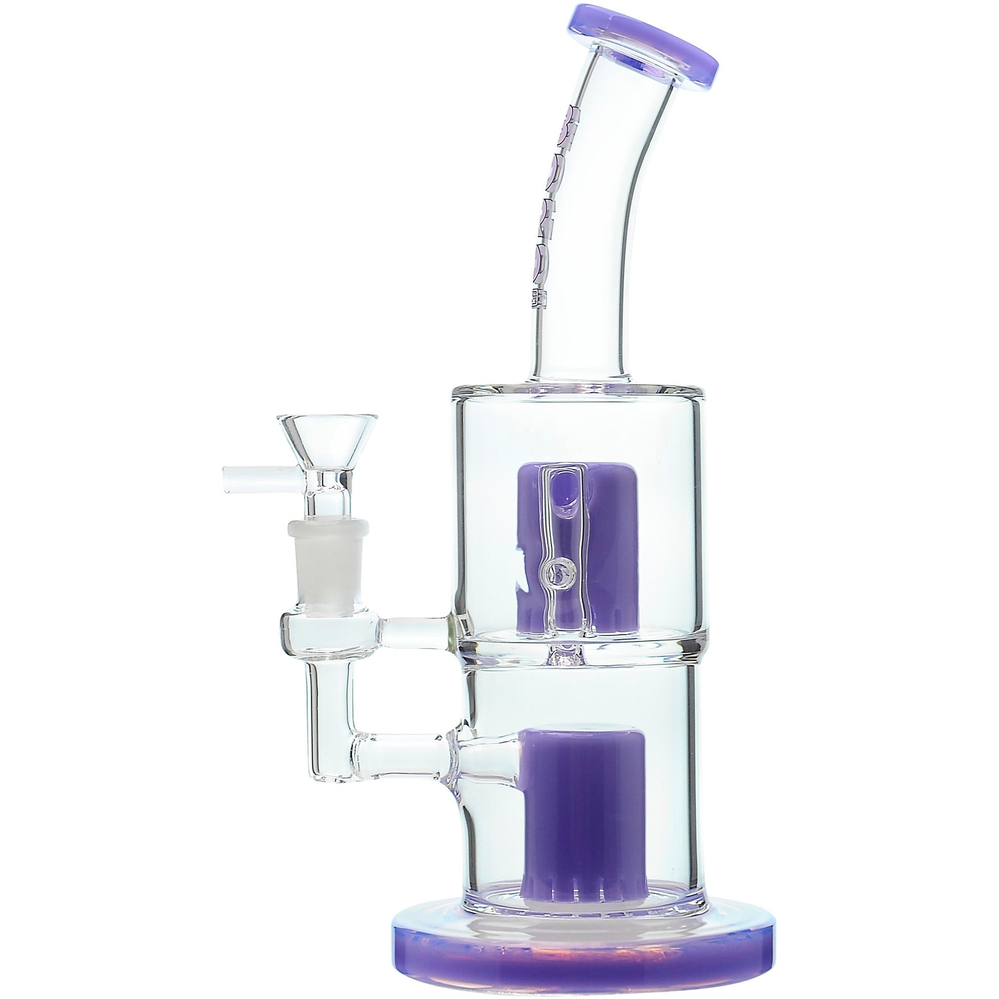 CaliBear Glass Popular Dab Rig featuring a stacked double-layer matrix tree percolator system with an ergonomic bent neck and a 14mm joint, showcased in purple, black, clear-purple, and white accents.
