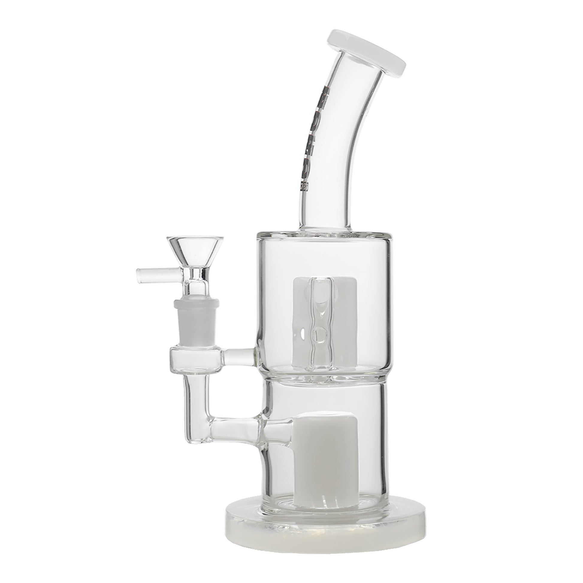 CaliBear Glass Popular Dab Rig featuring a stacked double-layer matrix tree percolator system with an ergonomic bent neck and a 14mm joint, showcased in purple, black, clear-purple, and white accents.