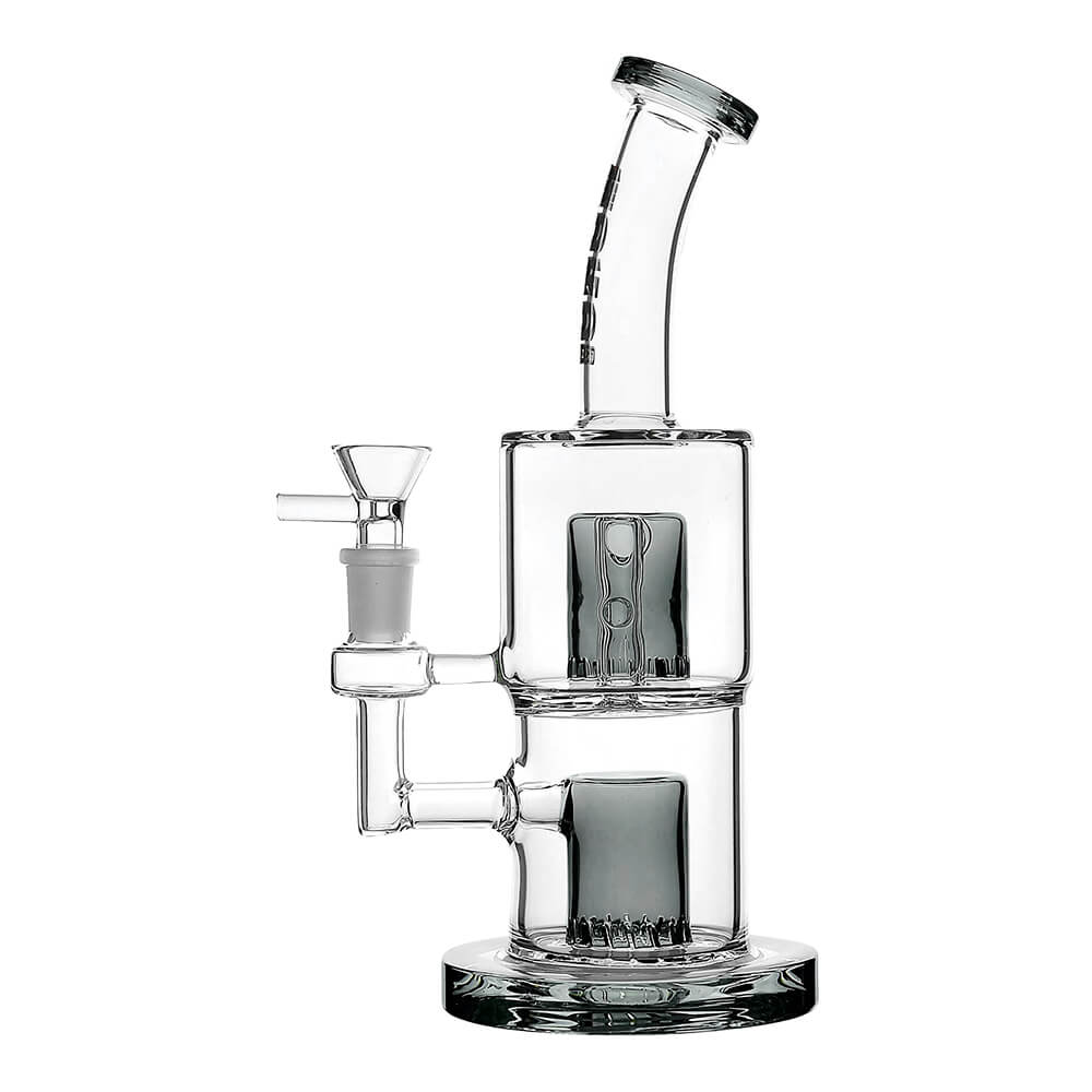 CaliBear Glass Popular Dab Rig featuring a stacked double-layer matrix tree percolator system with an ergonomic bent neck and a 14mm joint, showcased in purple, black, clear-purple, and white accents.