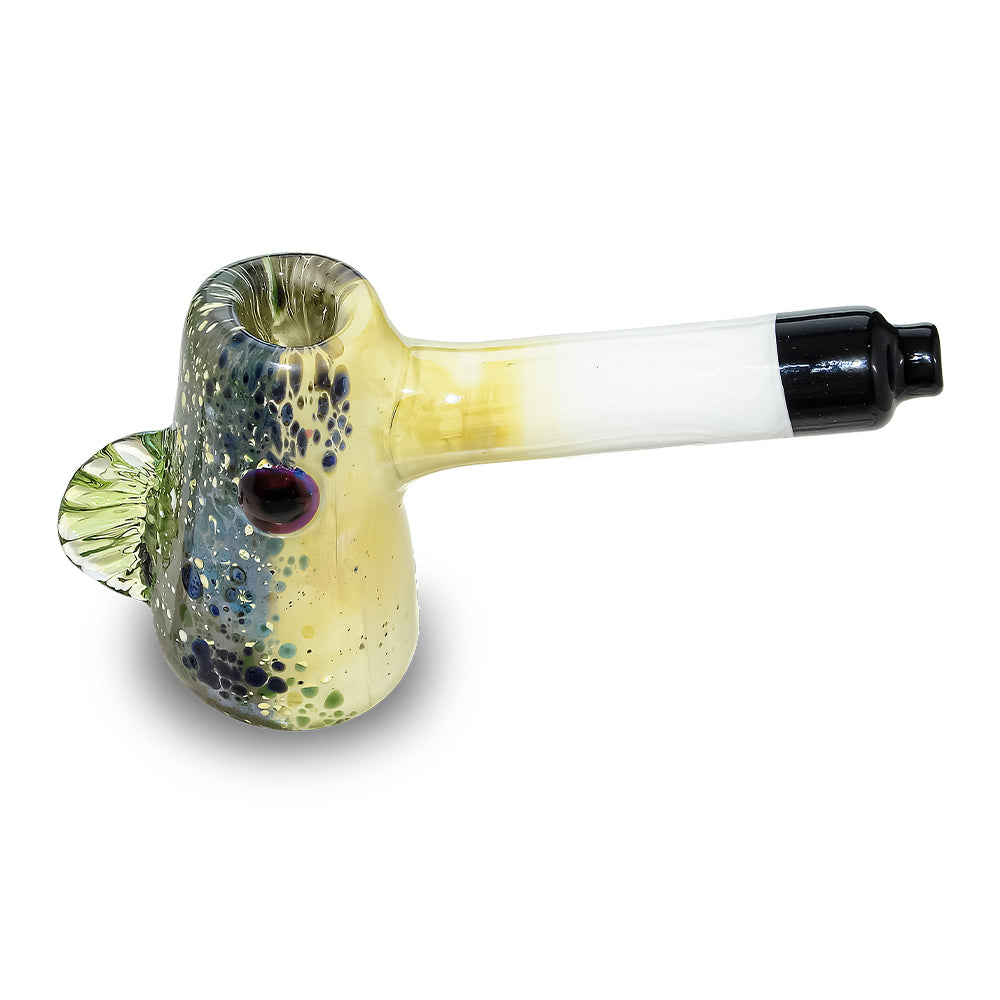 CaliBear Glass Puffer Fish hand pipe featuring a yellow-green speckled body, large eyes, and a white stem with black mouthpiece on a white background.
