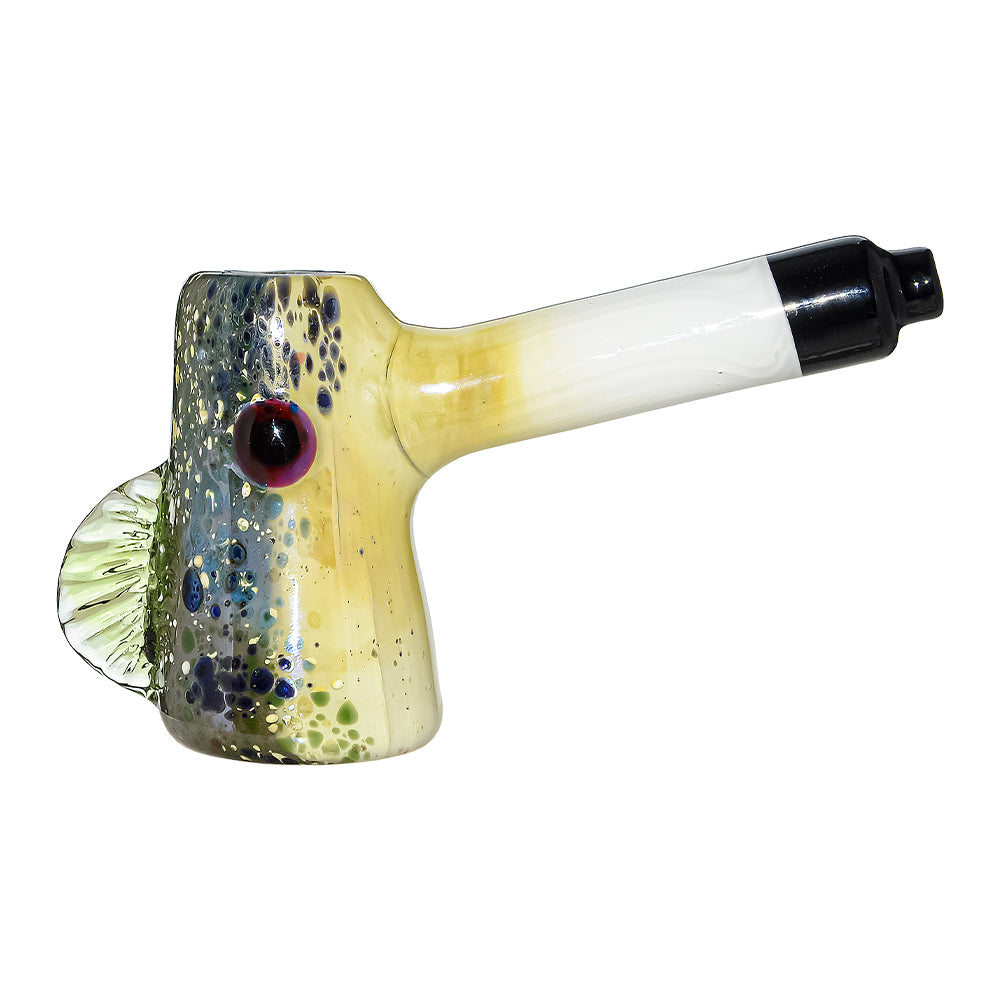 CaliBear Glass Puffer Fish hand pipe featuring a yellow-green speckled body, large eyes, and a white stem with black mouthpiece on a white background.