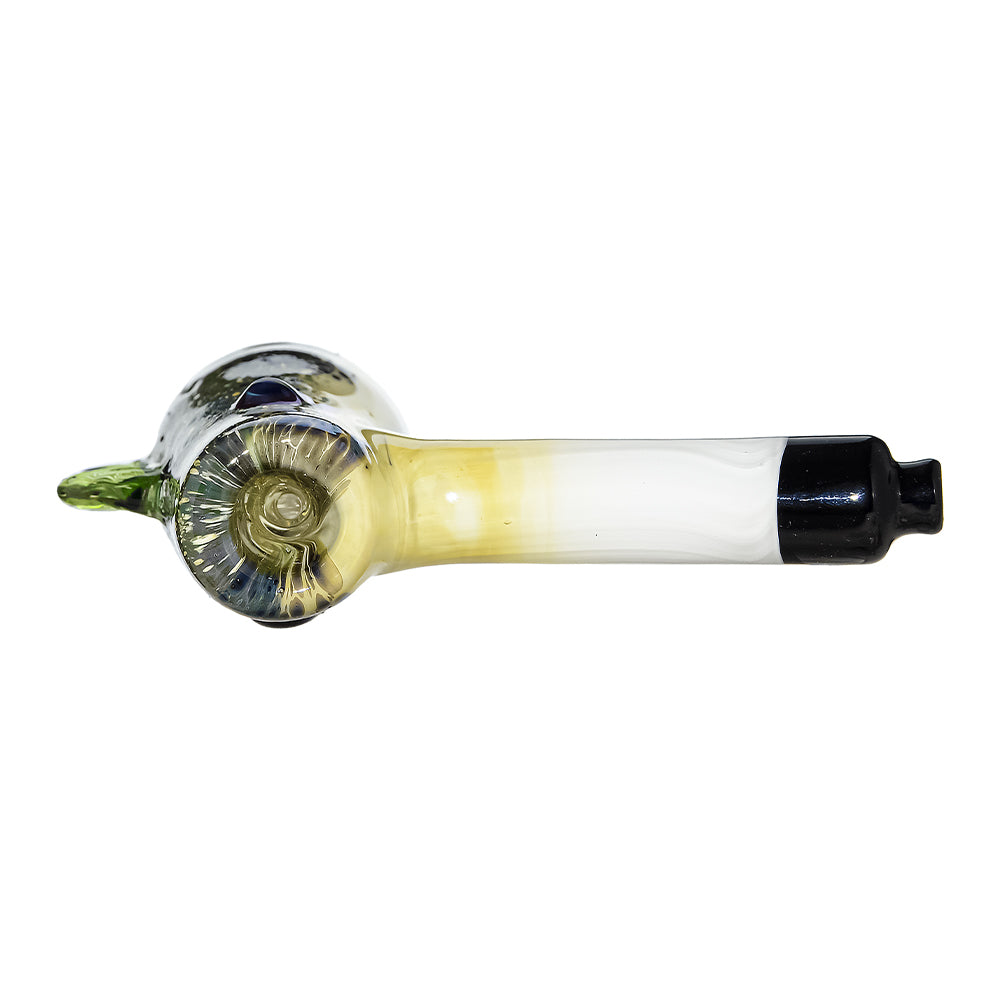 CaliBear Glass Puffer Fish hand pipe featuring a yellow-green speckled body, large eyes, and a white stem with black mouthpiece on a white background.