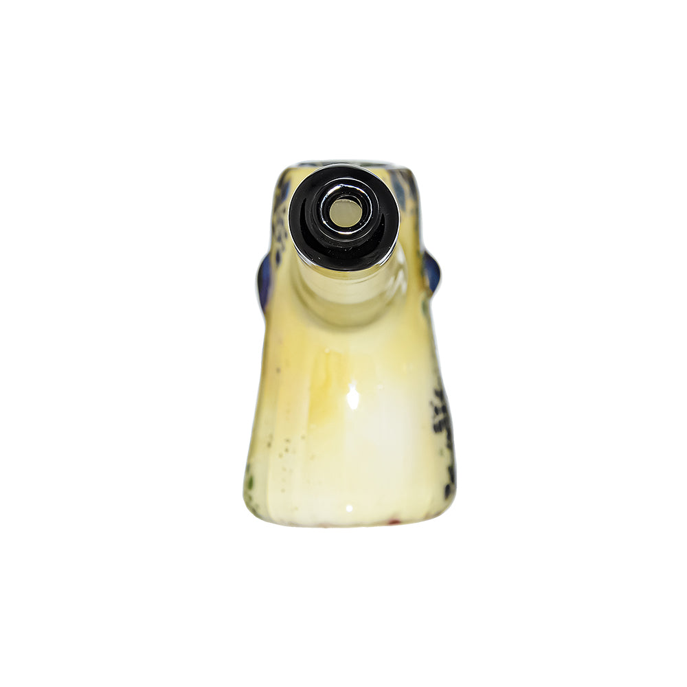 CaliBear Glass Puffer Fish hand pipe featuring a yellow-green speckled body, large eyes, and a white stem with black mouthpiece on a white background.