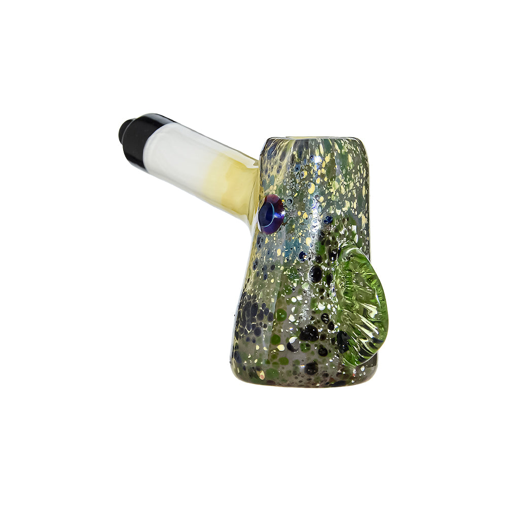 CaliBear Glass Puffer Fish hand pipe featuring a yellow-green speckled body, large eyes, and a white stem with black mouthpiece on a white background.