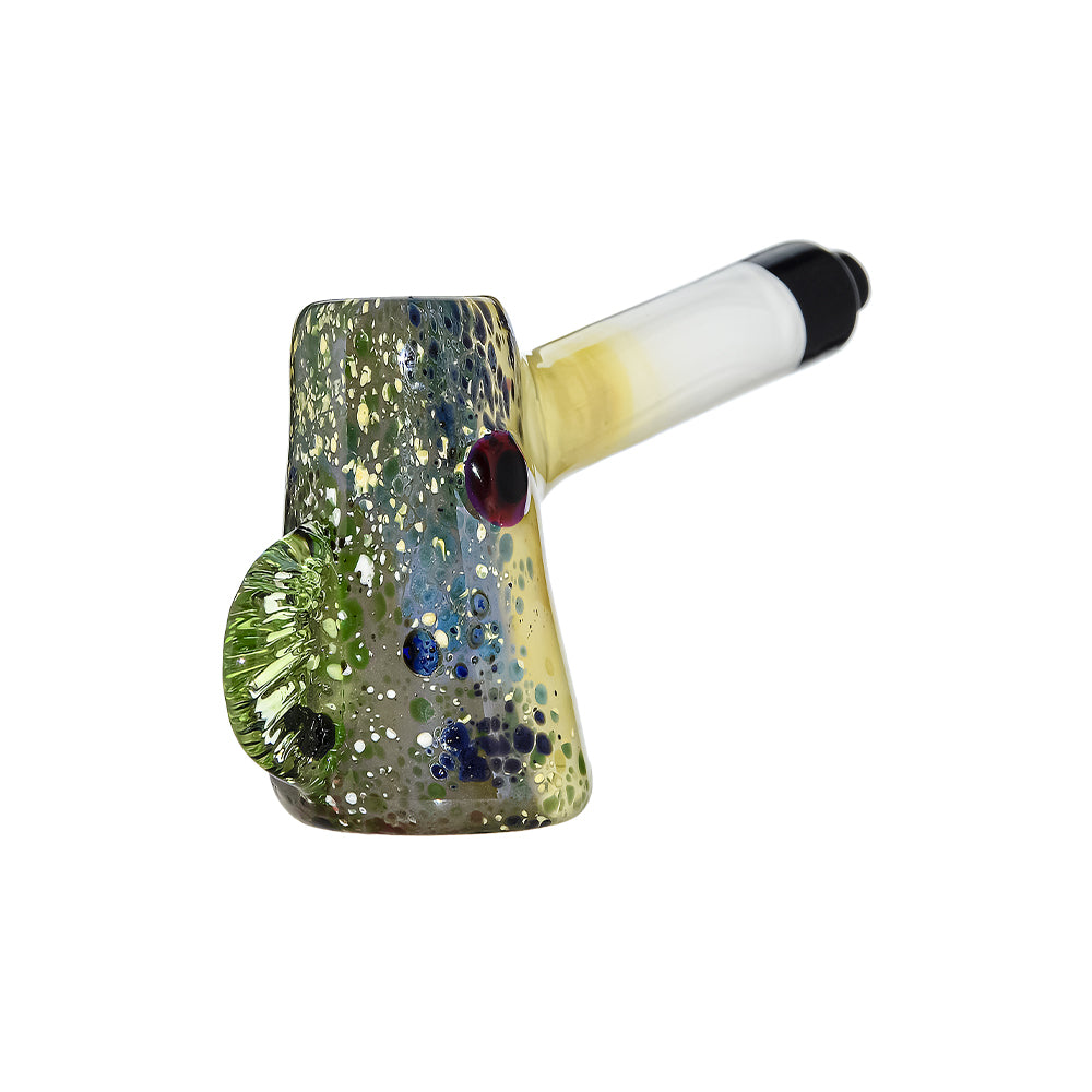 CaliBear Glass Puffer Fish hand pipe featuring a yellow-green speckled body, large eyes, and a white stem with black mouthpiece on a white background.
