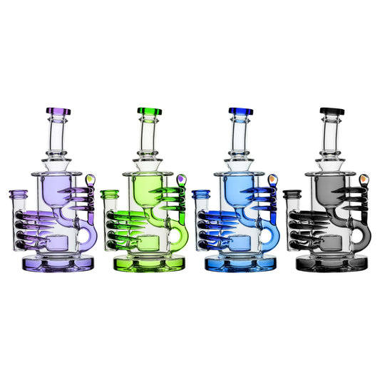 Four CaliBear Horn Klein Recycler Dab Rigs in purple green blue and black transparent glass with intricate horn accents and recycler chambers.