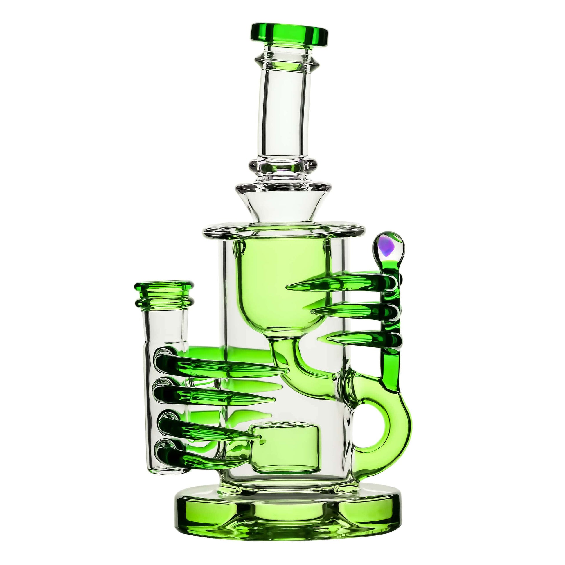 Four CaliBear Horn Klein Recycler Dab Rigs in purple green blue and black transparent glass with intricate horn accents and recycler chambers.