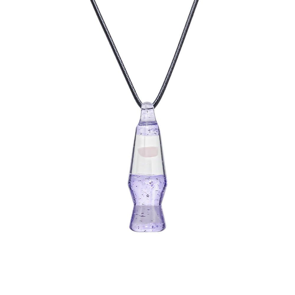 CaliBear Lava Lamp glass pendants in yellow, ruby, purple, and green featuring a trapped opal inlay and black cord.