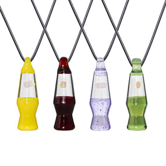 CaliBear Lava Lamp glass pendants in yellow, ruby, purple, and green featuring a trapped opal inlay and black cord.