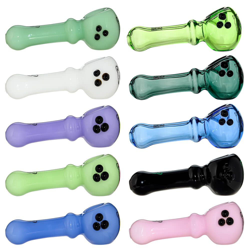 Ten CaliBear Mini Ghost glass spoon pipes in various colors including green, purple, blue, and pink, featuring a three-dot ghost design on a white background.
