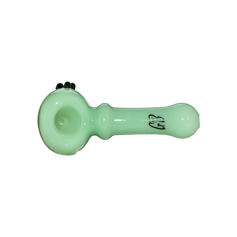 Ten CaliBear Mini Ghost glass spoon pipes in various colors including green, purple, blue, and pink, featuring a three-dot ghost design on a white background.