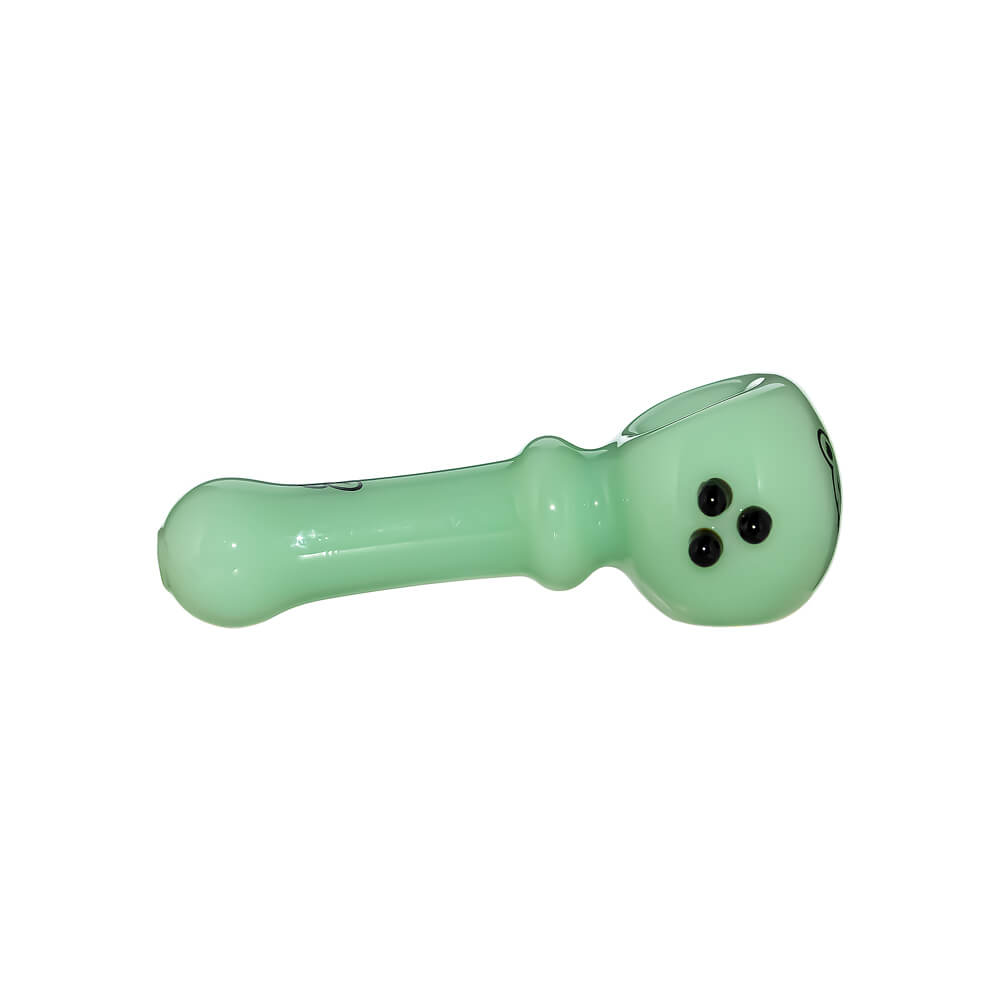 Ten CaliBear Mini Ghost glass spoon pipes in various colors including green, purple, blue, and pink, featuring a three-dot ghost design on a white background.