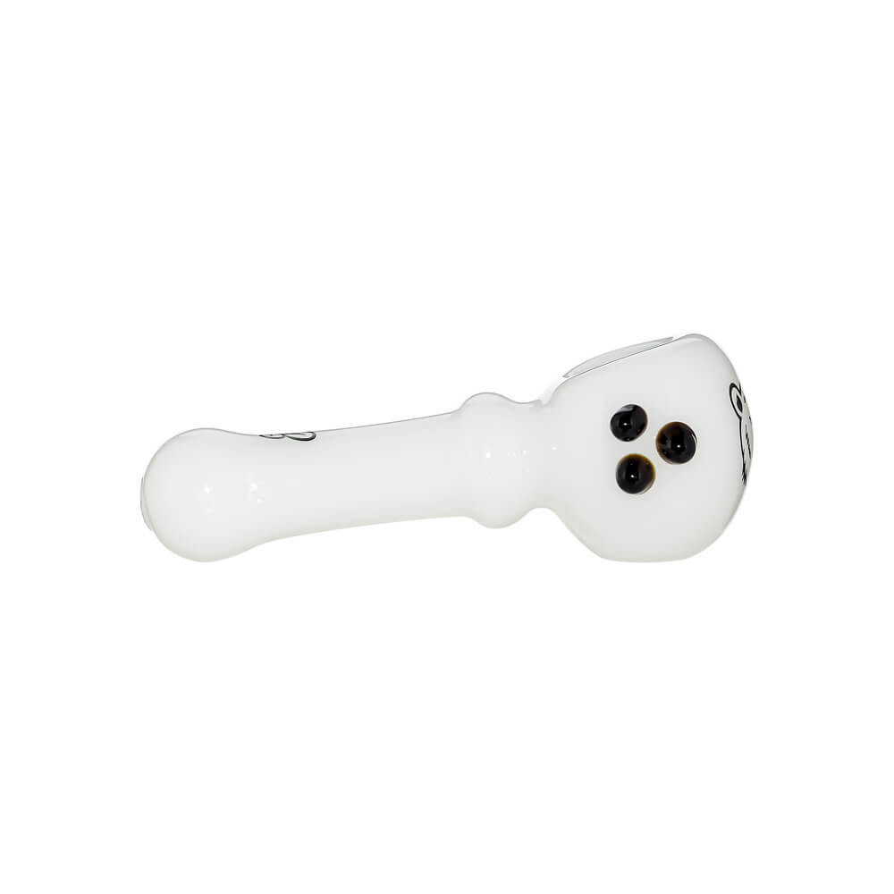 Ten CaliBear Mini Ghost glass spoon pipes in various colors including green, purple, blue, and pink, featuring a three-dot ghost design on a white background.