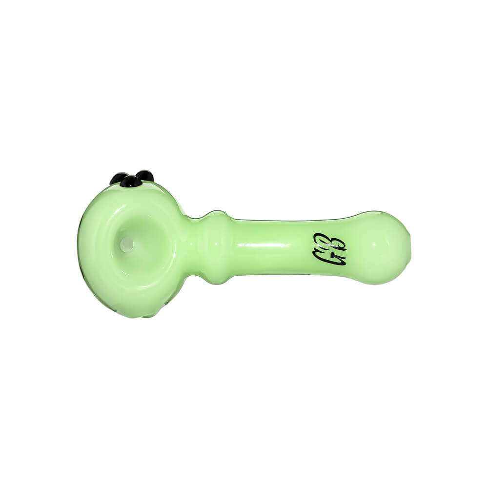 Ten CaliBear Mini Ghost glass spoon pipes in various colors including green, purple, blue, and pink, featuring a three-dot ghost design on a white background.