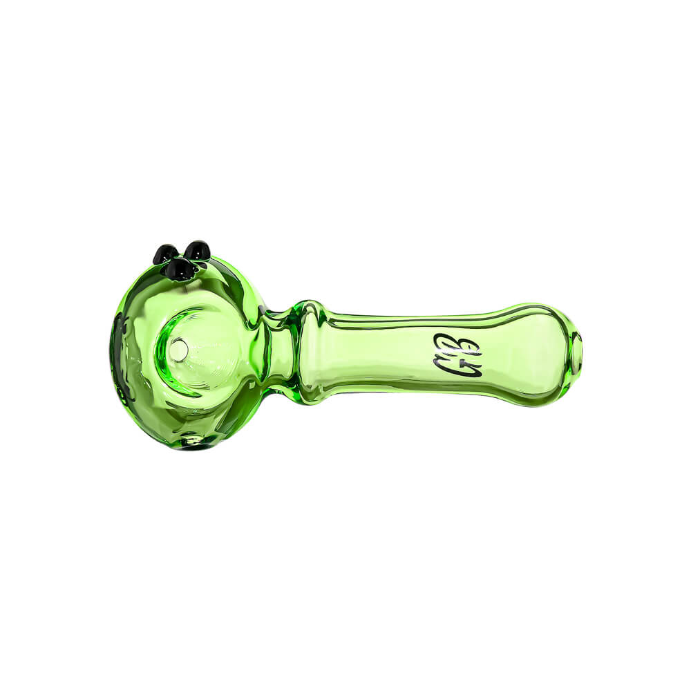 Ten CaliBear Mini Ghost glass spoon pipes in various colors including green, purple, blue, and pink, featuring a three-dot ghost design on a white background.