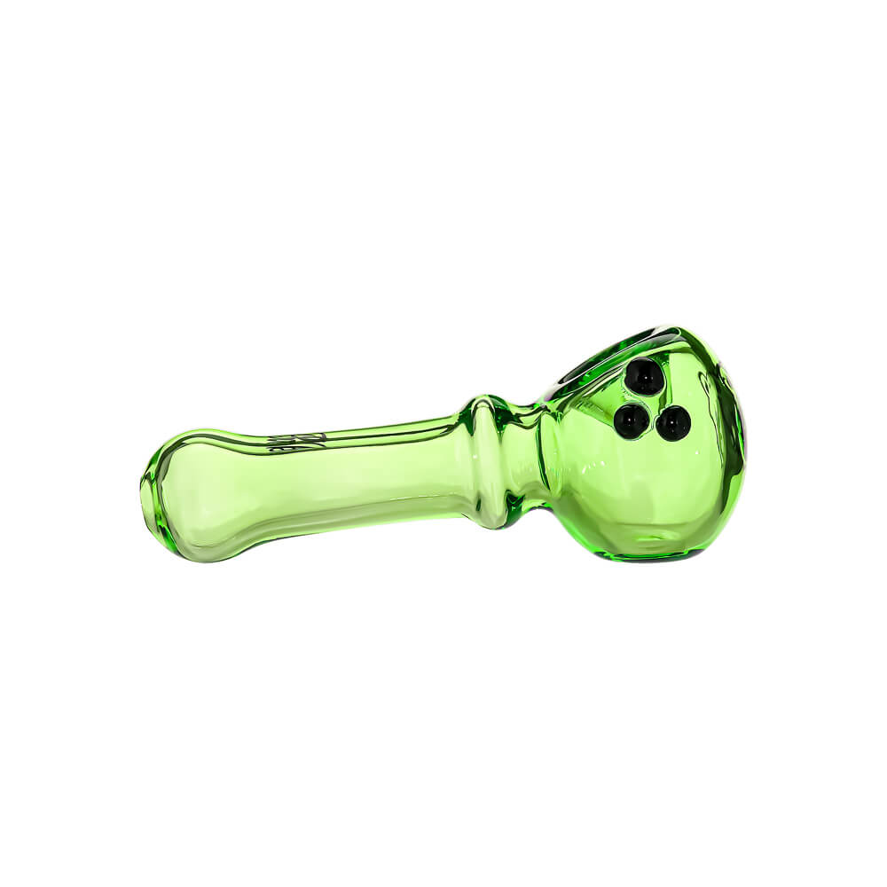 Ten CaliBear Mini Ghost glass spoon pipes in various colors including green, purple, blue, and pink, featuring a three-dot ghost design on a white background.