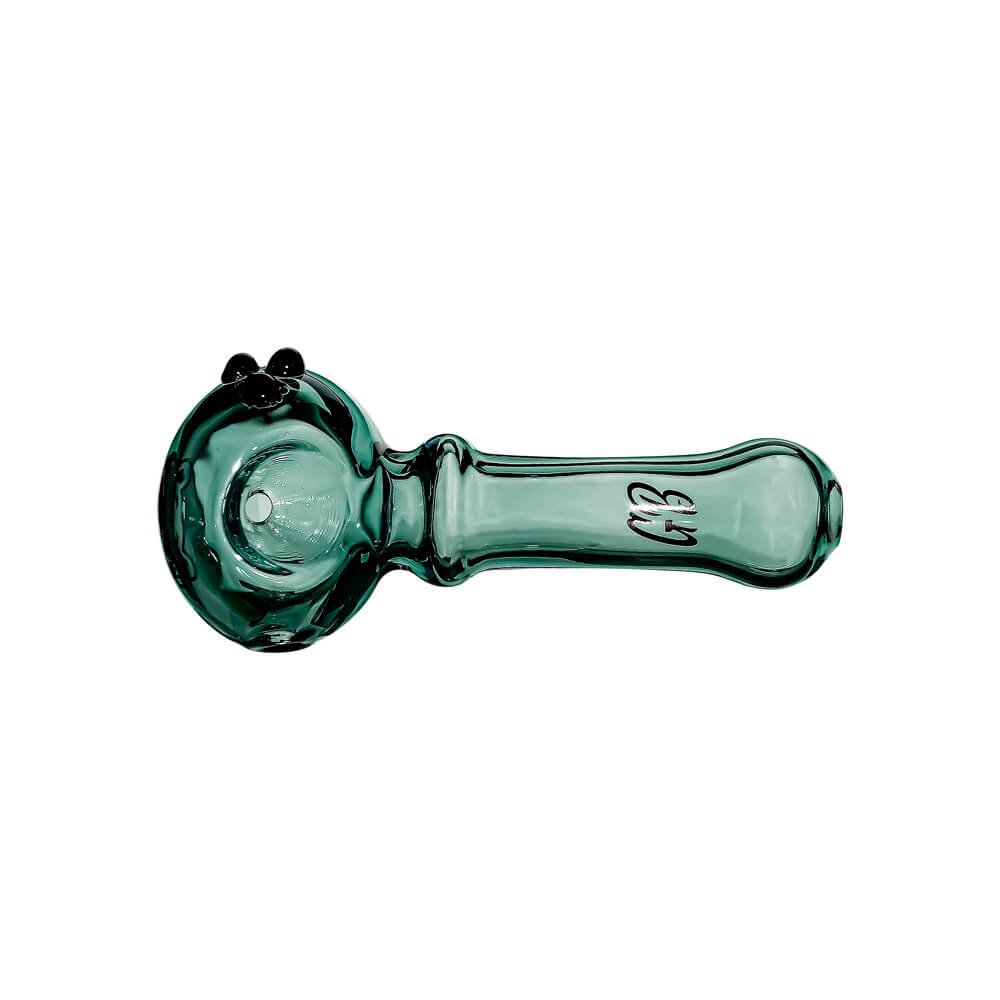 Ten CaliBear Mini Ghost glass spoon pipes in various colors including green, purple, blue, and pink, featuring a three-dot ghost design on a white background.