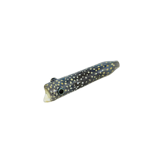 CaliBear Speckled Eel chillum glass pipe featuring a realistic yellow and black spotted eel design with detailed eye.