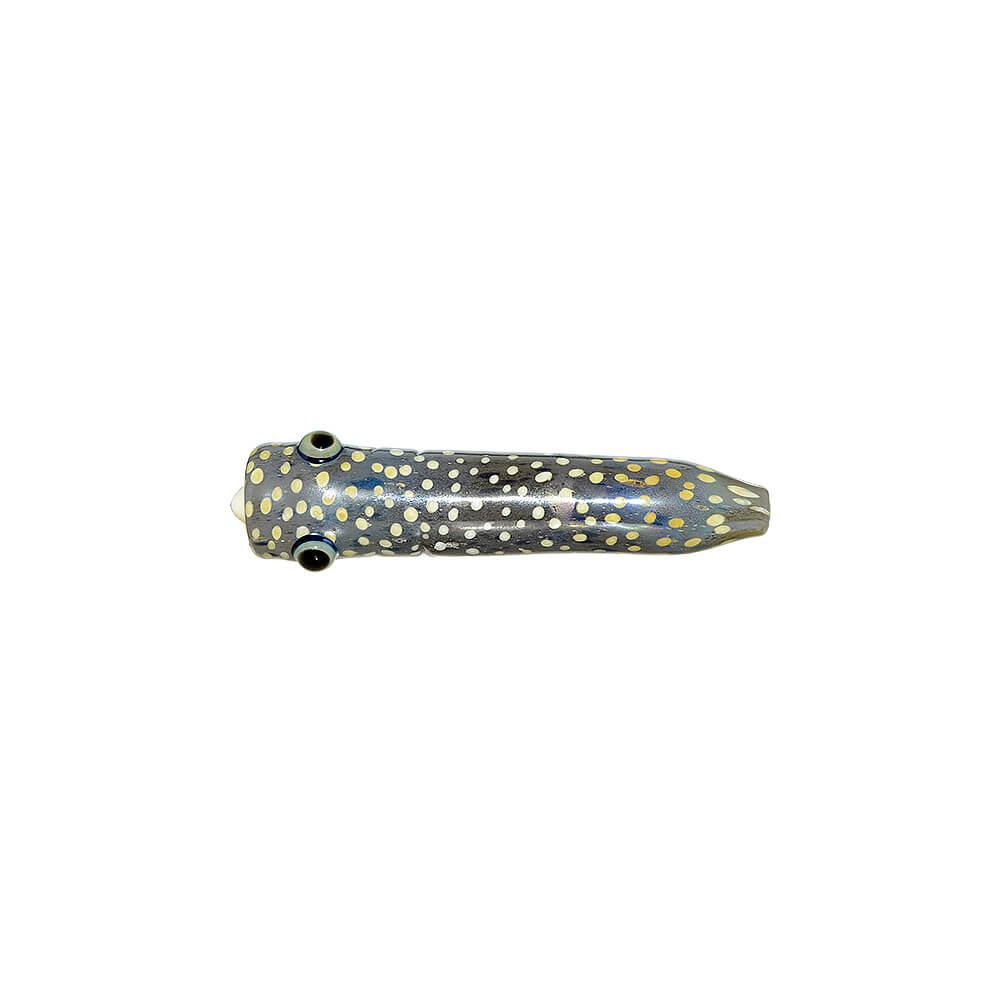 CaliBear Speckled Eel chillum glass pipe featuring a realistic yellow and black spotted eel design with detailed eye.
