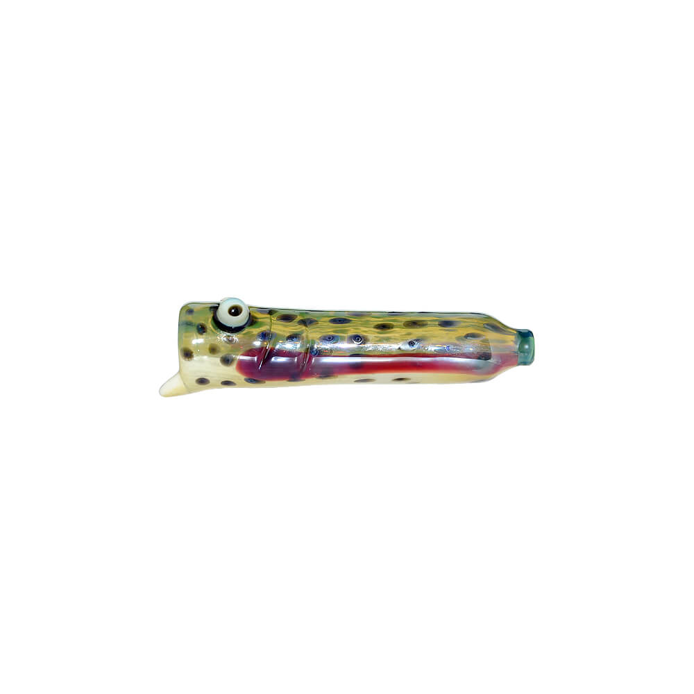 CaliBear Speckled Eel chillum glass pipe featuring a realistic yellow and black spotted eel design with detailed eye.