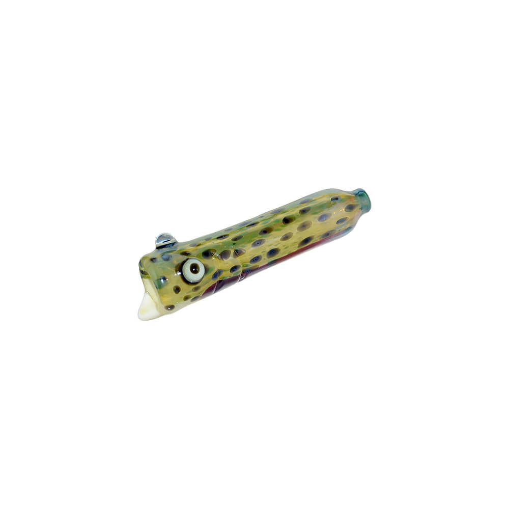 CaliBear Speckled Eel chillum glass pipe featuring a realistic yellow and black spotted eel design with detailed eye.