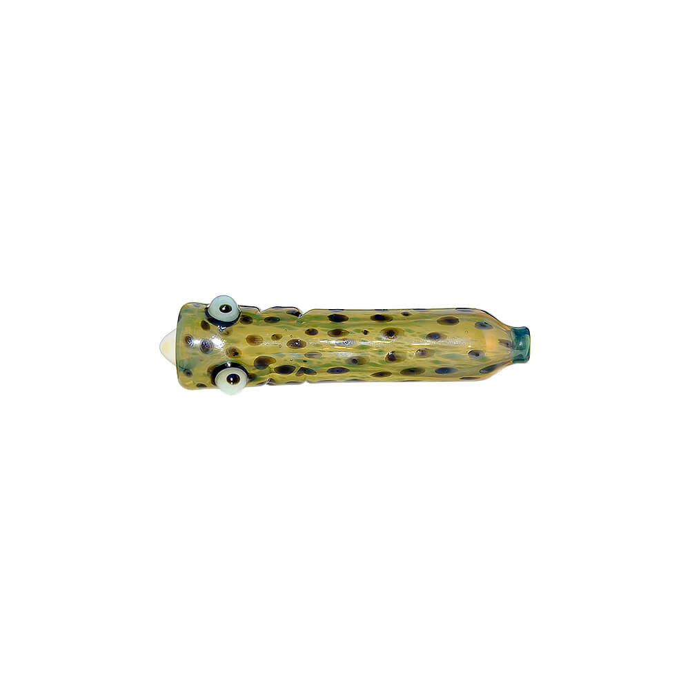 CaliBear Speckled Eel chillum glass pipe featuring a realistic yellow and black spotted eel design with detailed eye.