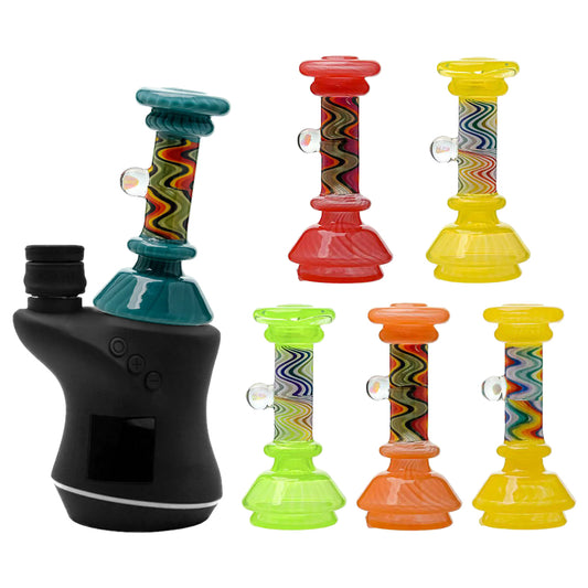 Six colorful CaliBear Wigwag dry top attachments for Focus V Carta featuring intricate swirling patterns and encased opals on a white background.