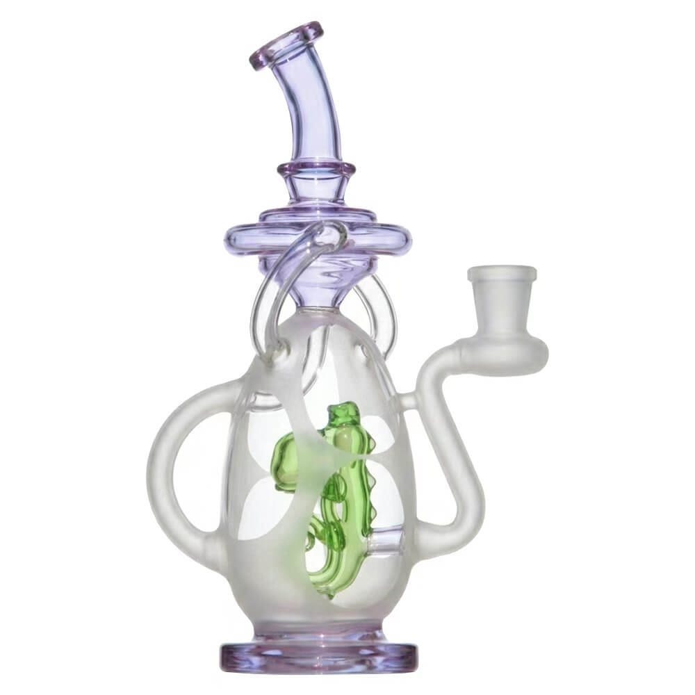 Calibear 7.8 inch Frosted Egg Recycler Dab Rig with Internal Green Dino Percolator and Purple Accents