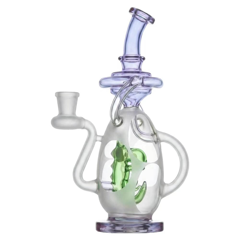 Calibear 7.8 inch Frosted Egg Recycler Dab Rig with Internal Green Dino Percolator and Purple Accents