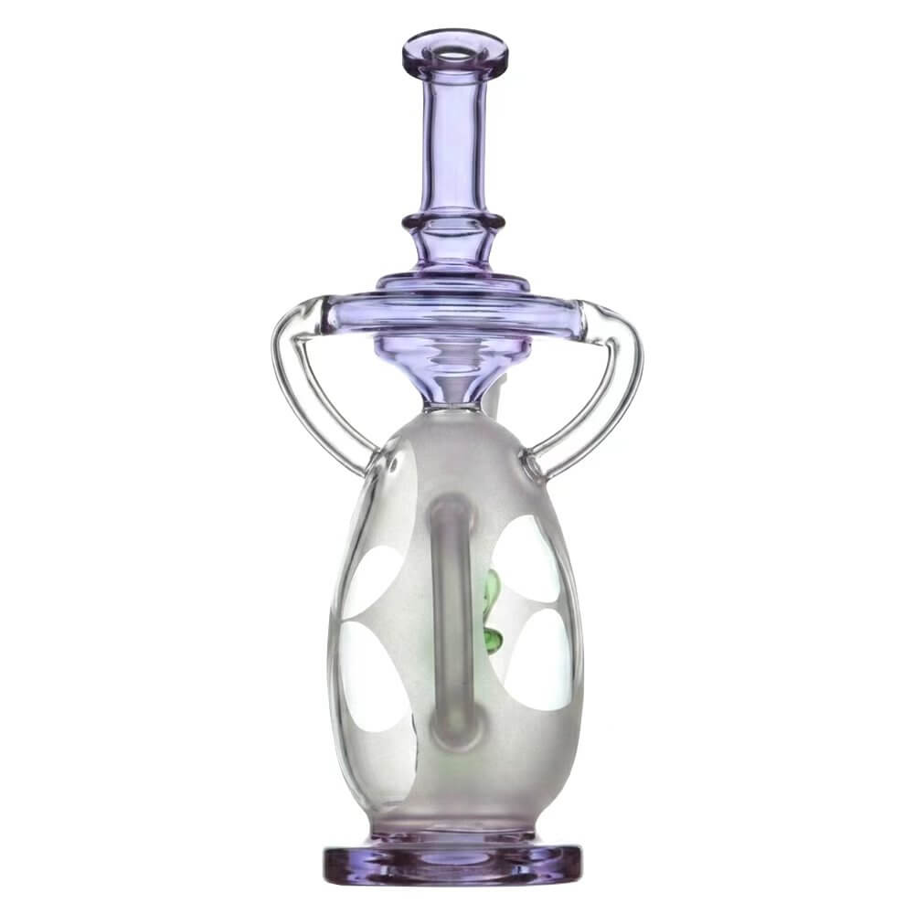 Calibear 7.8 inch Frosted Egg Recycler Dab Rig with Internal Green Dino Percolator and Purple Accents
