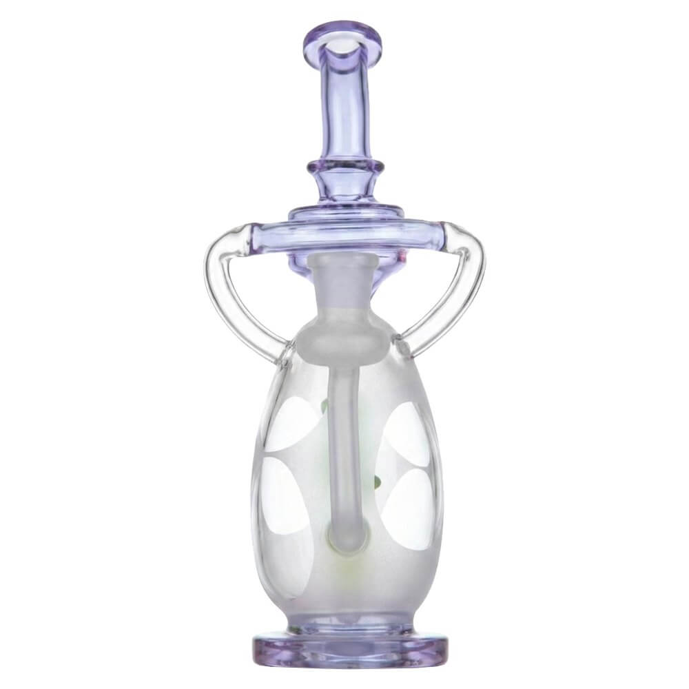 Calibear 7.8 inch Frosted Egg Recycler Dab Rig with Internal Green Dino Percolator and Purple Accents