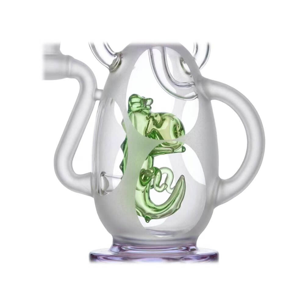 Calibear 7.8 inch Frosted Egg Recycler Dab Rig with Internal Green Dino Percolator and Purple Accents