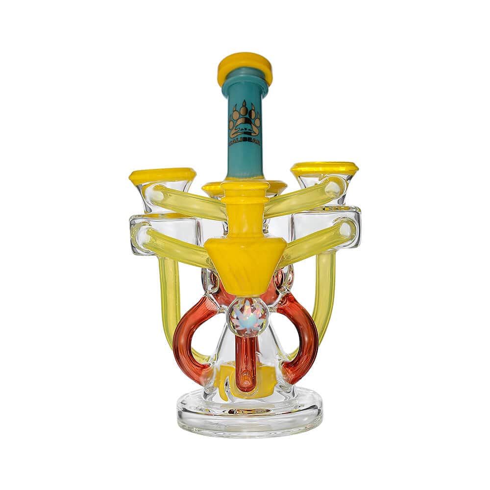 Calibear artistic recycler dab rig with encased opal and colorful multi-chamber borosilicate glass recycler design.