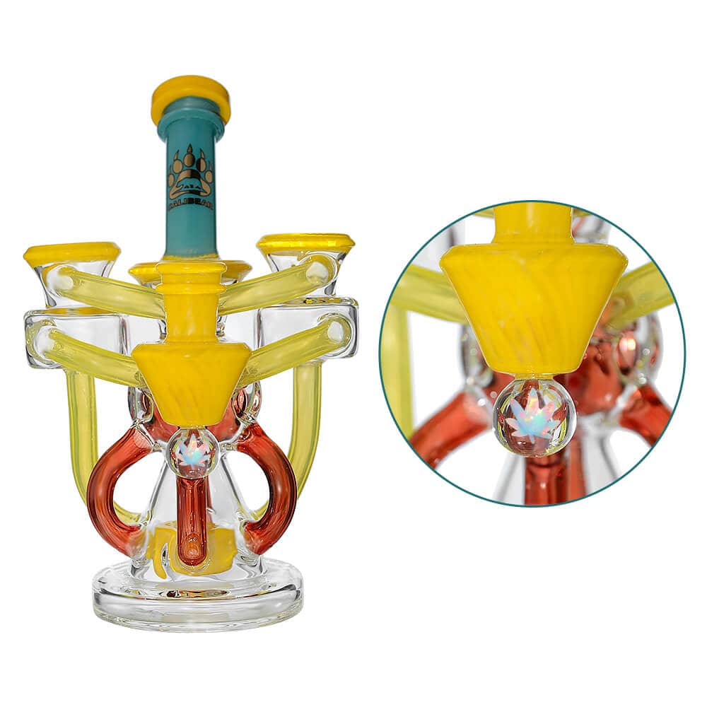Calibear artistic recycler dab rig with encased opal and colorful multi-chamber borosilicate glass recycler design.