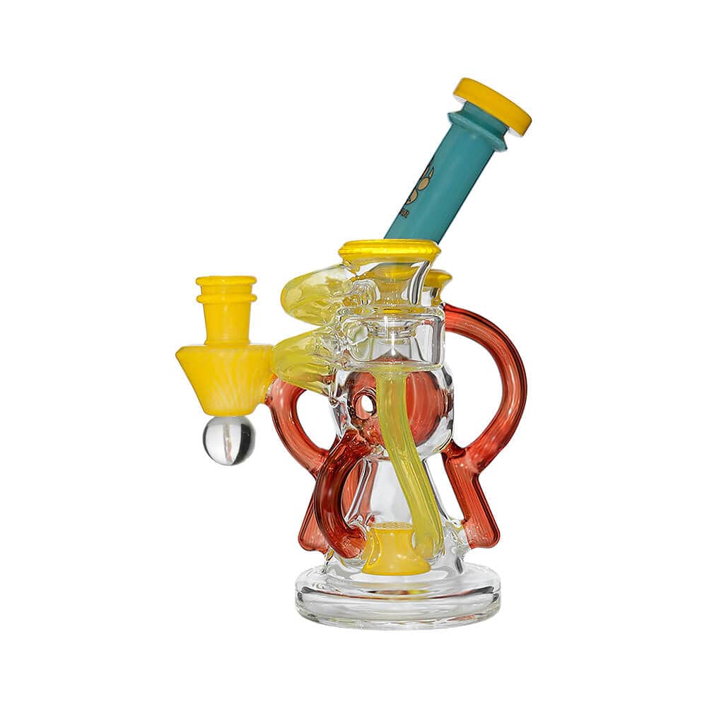 Calibear artistic recycler dab rig with encased opal and colorful multi-chamber borosilicate glass recycler design.