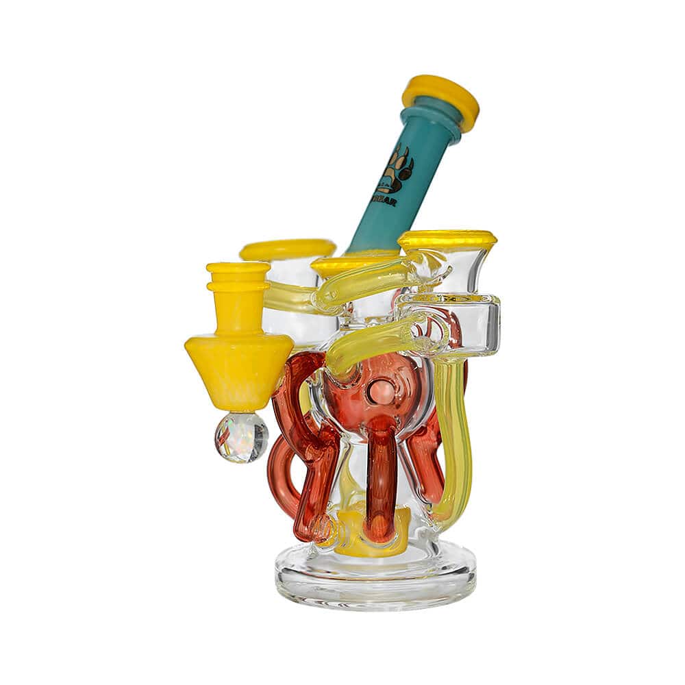 Calibear artistic recycler dab rig with encased opal and colorful multi-chamber borosilicate glass recycler design.