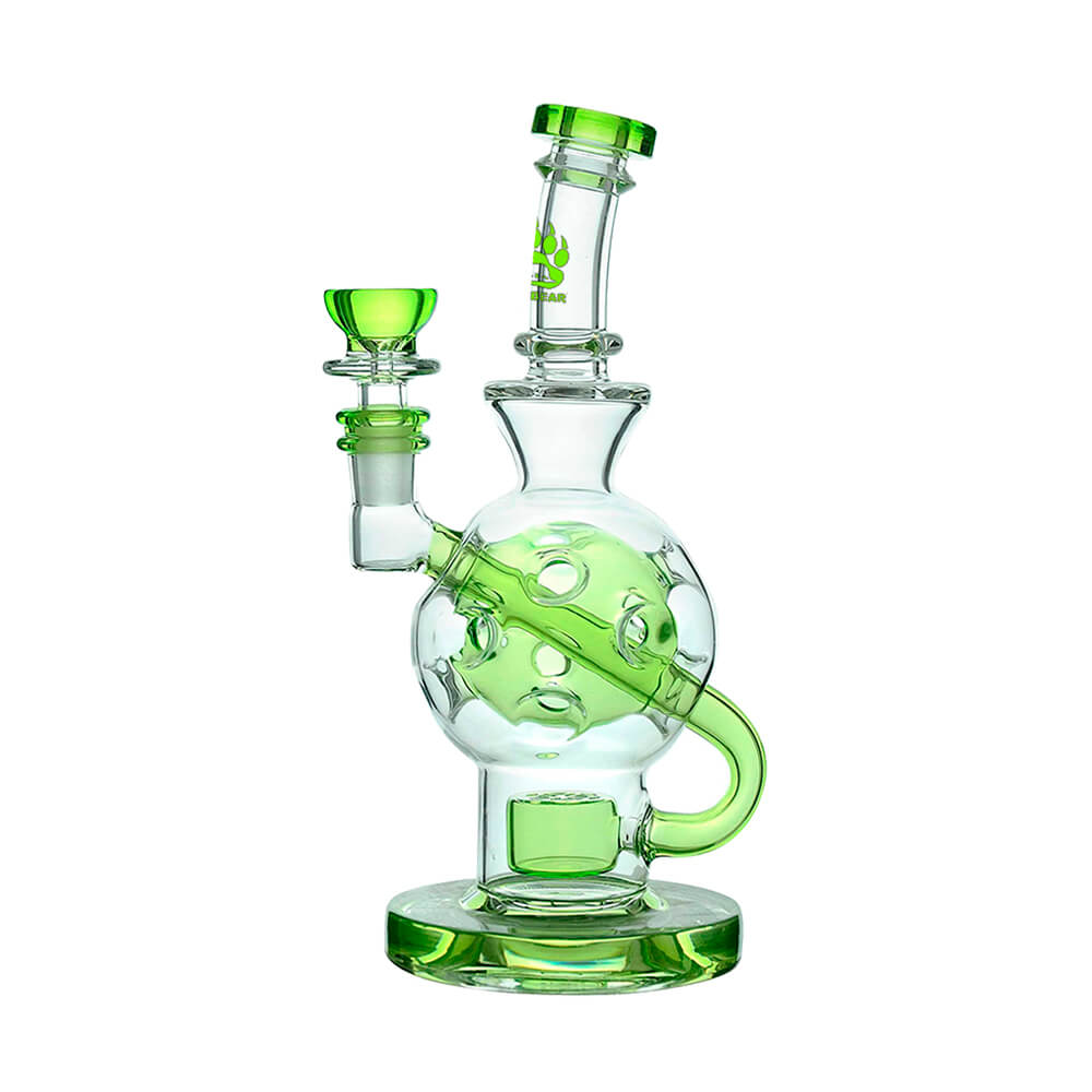 Calibear Ballsphere Dab Rigs in multiple colors including clear, purple, pink, green, blue, and smoke grey featuring the Seed of Life perc and spherical chamber.